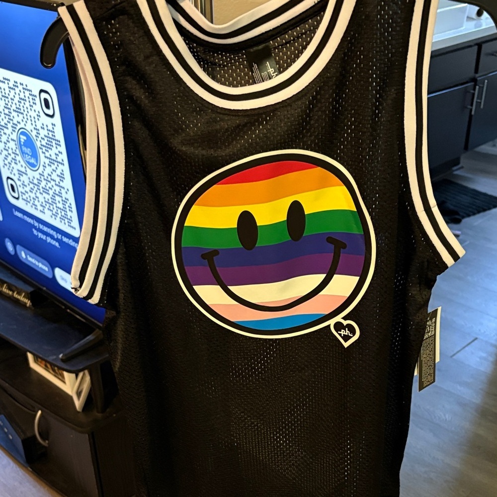 Black Mesh Tank Top with Rainbow Smiley